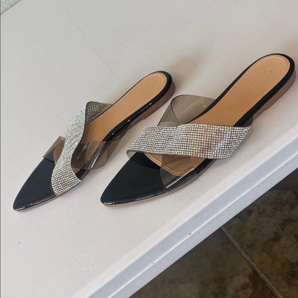 Wild Diva Black and Silver Rhinestone Slides - Picture 5 of 7